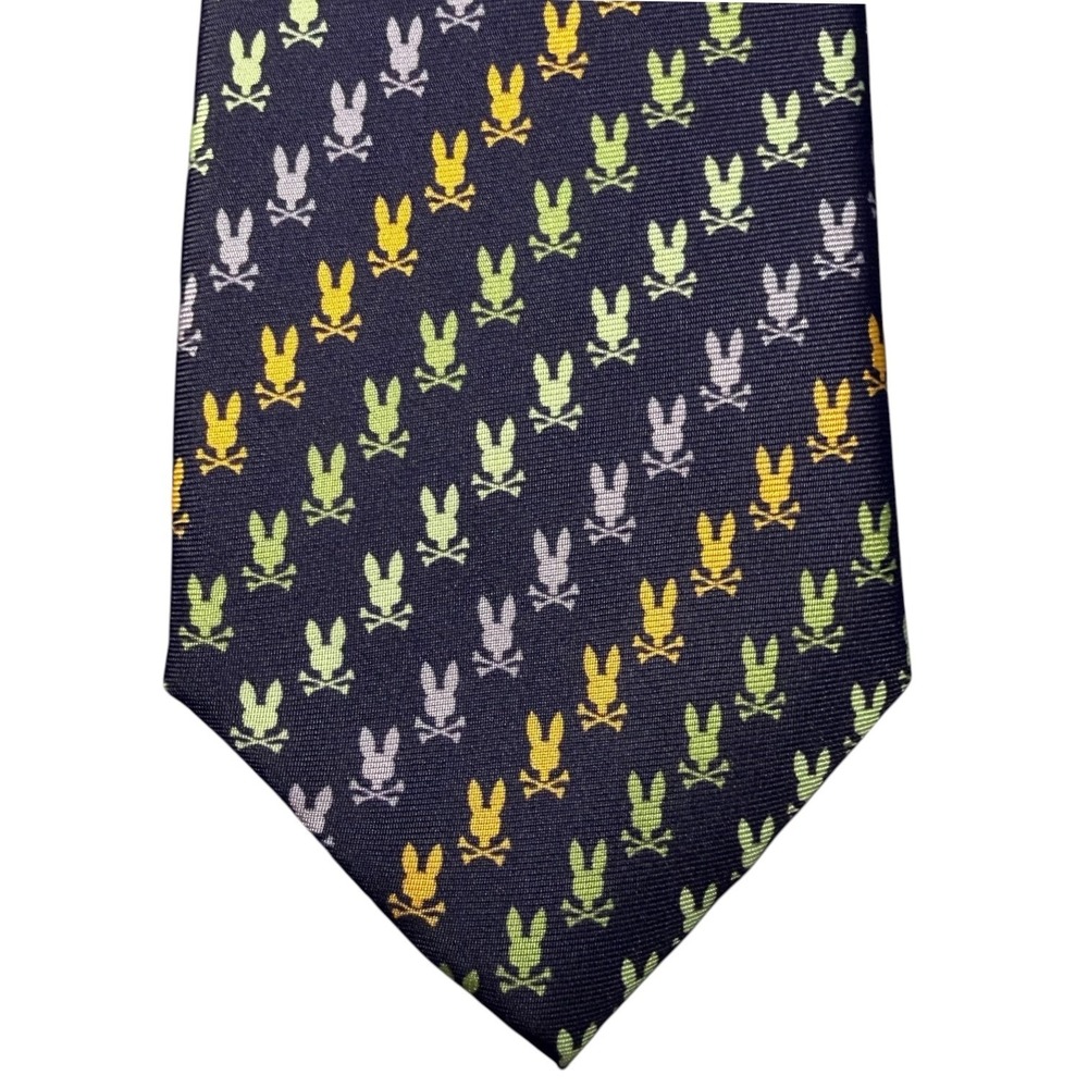 Psycho Bunny Mens 100% Silk Tie Navy Blue and Multi Color Logo Print